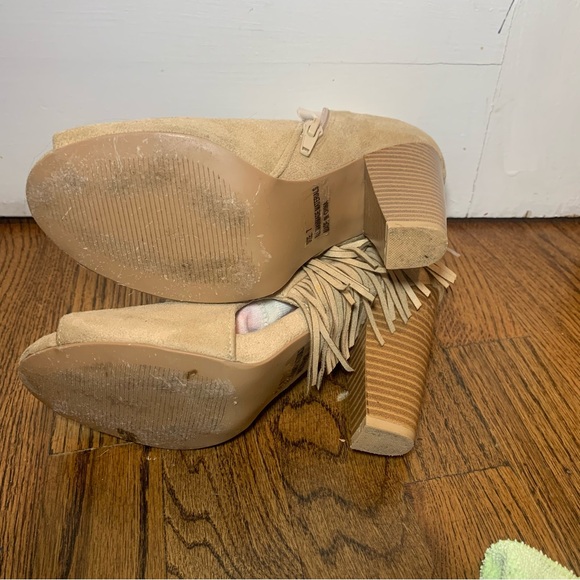 Qupid beige Fringe faux suede Peep Toe Heeled Ankle Booties. - Picture 5 of 9